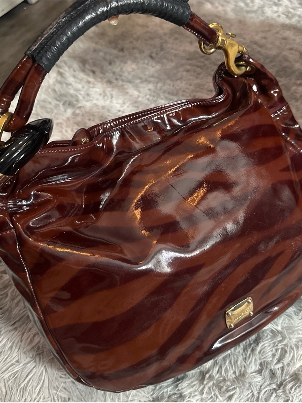 Jimmy Choo Brown Patent Leather Zebra-Stripe Shoulder Bag